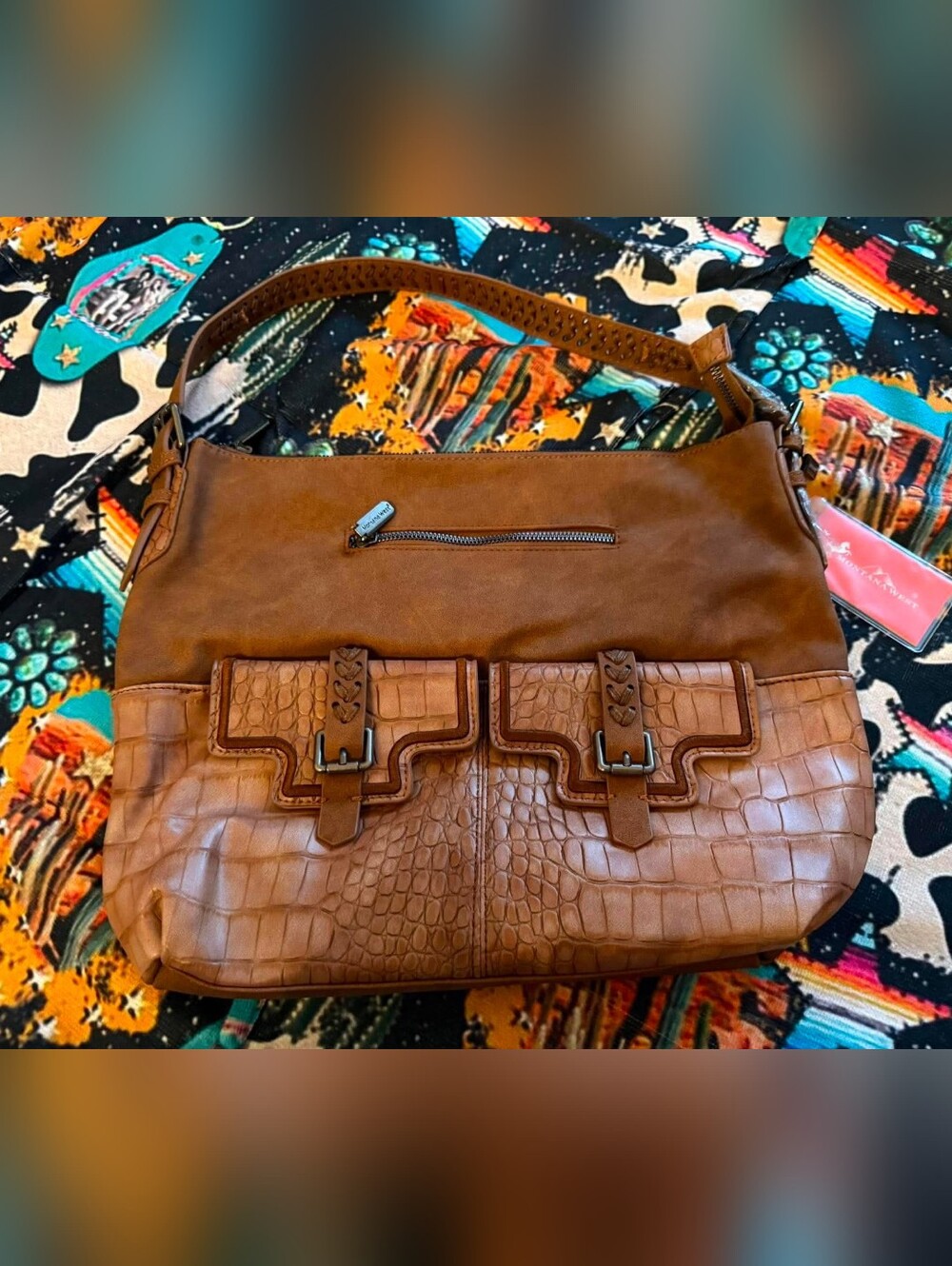 Montana West Conceal Carry Croc-Embossed Front Pockets Cognac Brown Tote Bag